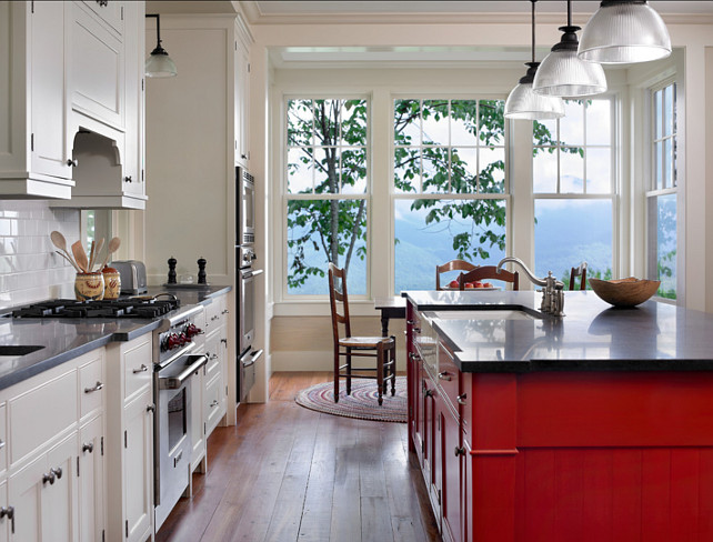 Kitchen Design. Kitchen Design Ideas. I am loving the design of this kitchen. It's unique and orginal! #Kitchen #KitchenDesign #Kitchens #Interiors Island Paint Color: "Benjamin Moore Heritage Red". 