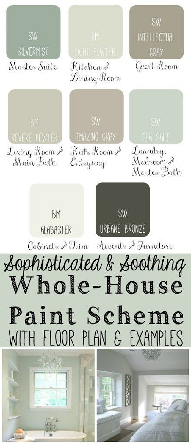 Whole House Paint Scheme ideas: Master Bedroom: Sherwin Williams Silvermist. Kitchen and Dining Room: Benjamin Moore Light Pewter. Guest Bedroom: Sherwin Williams Intellectual Gray. Living Room and Main Bathroom: Benjamin Moore Revere Pewter. Kids Bedroom: Sherwin Williams Amazing Gray. Entryway: Sherwin Williams Amazing Gray. Laundry Room, Mudroom and Master Bathroom: Sherwin Williams Sea Salt. Cabinet and Trim Paint Color: Benjamin Moore Alabaster. Accents and Furniture: Sherwin Williams Urbane Bronze. Via The Domestic Heart.