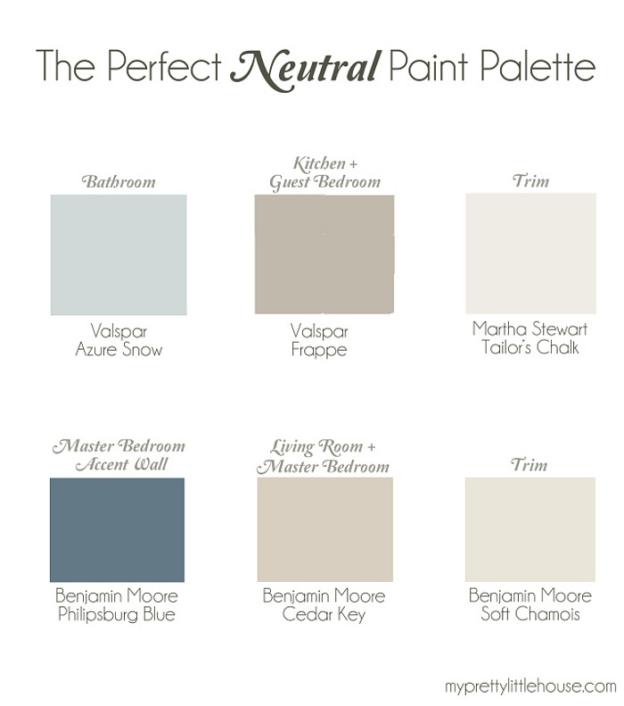 Whole Home Neutral Paint Palette. Bathroom Paint Color Valspar Azure Snow. Kitchen and Guest Bedroom Valspar Frappe. Trim Paint Color Martha Stewart Tailor's Chalk. Master Bedroom Accent Wall Benjamin Moore Philipsburg Blue. Living Room and Master Bedroom Benjamin Moore Cedar Key. Trim Benjamin Moore Soft Chamois. #WholeHome #Neutral #PaintPalette #PaintColorPalette Via My Pretty Little House.