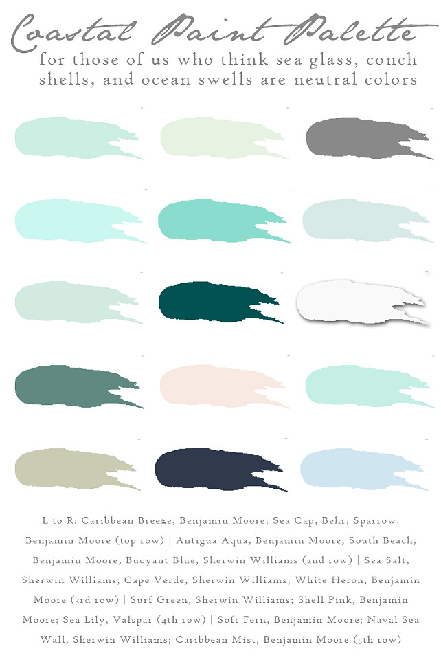 Coastal Paint Color Palette: Caribbean Breeze Benjamin Moore, Sea Cap Behr, Sparrow Benjamin Moore, Antigua Aqua Benjamin Moore, South Beach Benjamin Moore, Buoyant Blue Sherwin Williams, Sea Salt Sherwin Williams, Cape Verde Sherwin Williams, White Heron Benjamin Moore, Surf Green Sherwin Williams, Shell Pink Benjamin Moore, Sea Lily Valspar, Soft Fern Benjamin Moore, Naval Sea wall Sherwin Williams, Caribbean Mist Benjamin Moore, coastal paint colors, coastal paint palette. #Coastal #PaintColor #CoastalPaintColor #CoastalColors #BenjaminMoore #SherwinWilliams Via The Squeeze Blog.