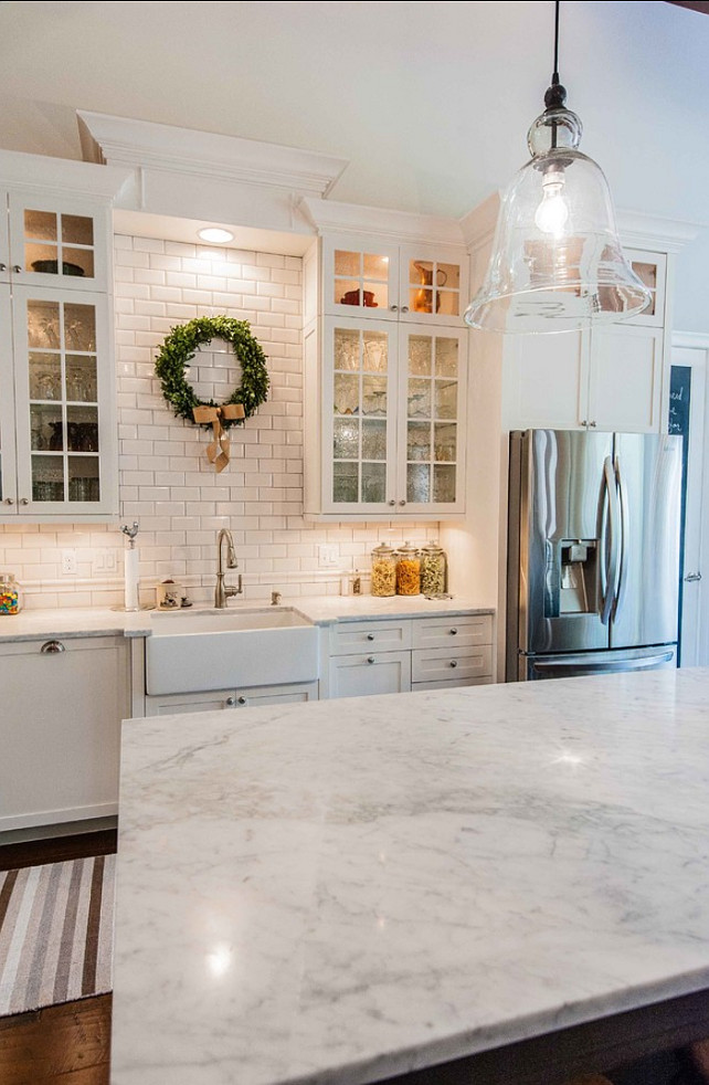 Kitchen Marble Countertop. The beautiful countertop in this kitche is carrara marble. #Kitchen #Countertop #Marble #Carrara