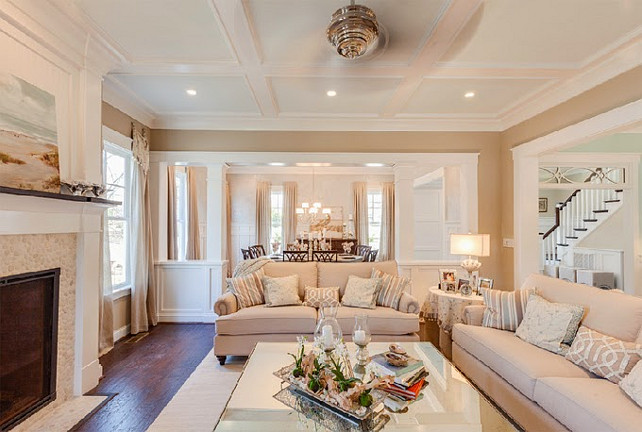 Living Room and Coffered Ceiling paint color ideas. The living room paint color is Sherwin Williams SW7506 Loggia. Living Room Coffered Ceiling Paint Color is Sherwin Williams SW6476 Glimmer. #SW6476 #SherwinWilliamsGlimmer #SherwinWilliamsLoggia #SW7506