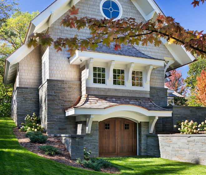 Stone and shingle exterior. Stone and stone exterior ideas. The stone is a standard blend of bluestone veneer offered by Orijin stone. The shingle is natural pre-stained Cedar Shakes. #Shingle #Stone #Exterior John Kraemer & Sons.