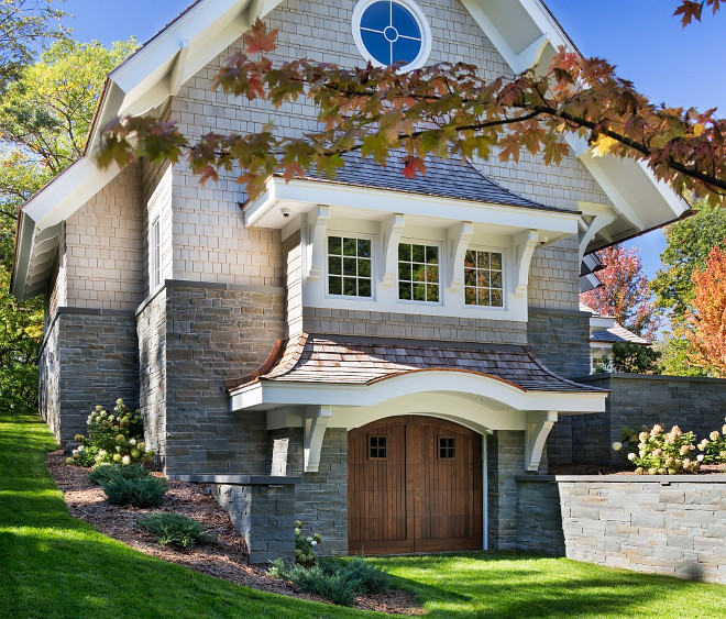 Stone and shingle exterior. Stone and stone exterior ideas. The stone is a standard blend of bluestone veneer offered by Orijin stone. The shingle is natural pre-stained Cedar Shakes. #Shingle #Stone #Exterior John Kraemer & Sons.
