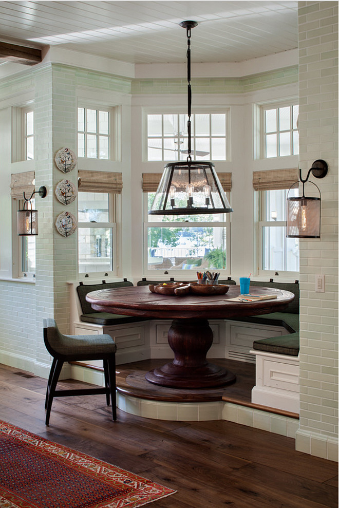 Breakfast Nook. Custom Breakfast Nook. Elevated custom breakfast nook with built in bench, floor to ceiling wall tiles and wide plank floors. #BreakfastNook Wade Weissmann Architecture. David Bader Photography.