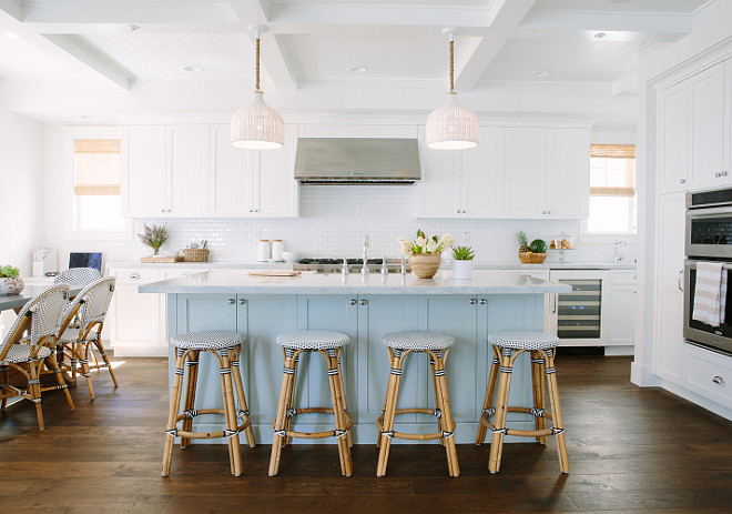 Inspiring White Kitchen with Light Blue Kitchen Island. White cabinets are painted in Benjamin Moore Super White and blue island is painted in Farrow and Ball Light Blue No. 22. #WhiteKitchen #PaintColor #BenjaminMooreSuperWhite #FarrowandballLightBlue Rita Chan Interiors. 