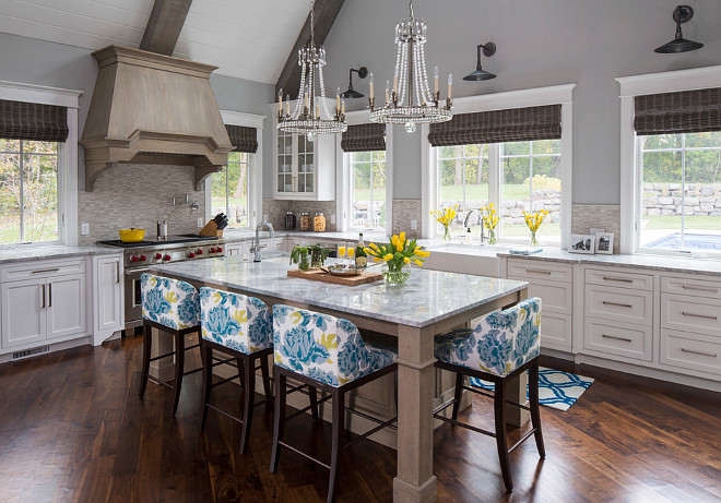 Wirebrushed White Oak with Gray Stain Kitchen Hood and Island. Wirebrushed White Oak with Gray Stain Kitchen Ideas. Wirebrushed White Oak with Gray Stain Cabinet. #Wirebrushed #WhiteOak #Gray #Stain #Cabinet #Kitchen Martha O'Hara Interiors.