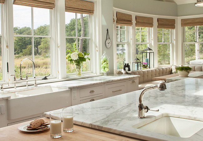 Kitchen. Kitchen Island. Kitchen island with Calacatta Gold honed countertop. Kitchen island with calacatta gold marble and breakfast nook with custom bench. #KItchen #KitchenIsland #CalacattaGold #Countertop 