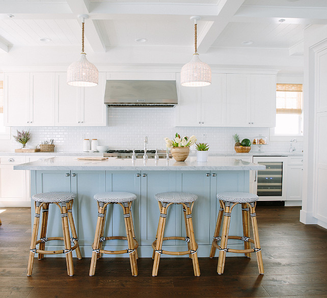 White Kitchen with Turquoise Blue Island. Coastal White Kitchen with Turquoise Blue Island. Turquoise Kitchen Island. #Coastal #CoastalInteriors #CoastalKicthen #Turquoise #Interiors #WhiteKitchen #TurquoiseIsland Rita Chan Interiors. 