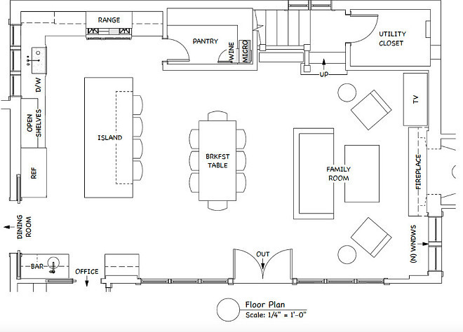 Open Concept Kitchen Family Room Floor Plan. Kitchen Floor Plan. Kitchen Layout Ideas. Open Concept Kitchen Family Room Floor Plan. The room is 35'-8" long by 23'-5" deep. The kitchen portion is within that (12'-5" by 23'-5"). #OpenConcept #Kitchen #FamilyRoom #FloorPlan Heydt Designs. Benjamin Dhong Interiors.