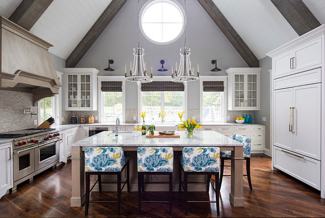 New Kitchen Design. New Kitchen Design Ideas. New Kitchen Design. New kitchen design with vaulted ceiling, beams and plank wood. #Kitchen #KitchenDesign #NewKitchen #NewKitchenDesign Martha O'Hara Interiors.