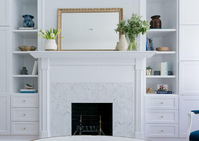 Fireplace Herringbone Mini Tiles. Fireplace Herringbone Mini Marble Tiles. Fireplace Herringbone Mini Tile Ideas. Fireplace Herringbone Pattern Mini Tiles. The herringbone tile is Carrara (Carrera) Venato 1x2" Herringbone Honed Marble Mosaic. #Fireplace #Herringbone #Marble #MiniTiles Braun + Adams Interiors. 