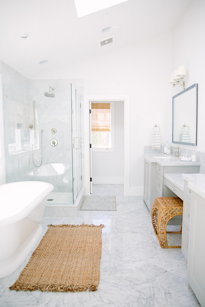 Bathroom. Clean looking bathroom. All white master bathroom with gray vanity. #Bathroom #Allwhitebathroom #Grayvanity Rita Chan Interiors.