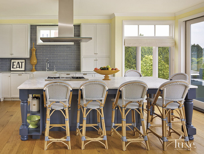 Blue Kitchen Island Paint Color. Royal Blue kitchen island. Kitchen island Blue. Blue island and white cabinets. Blue kitchen island with Wicker stools by Serena and Lily. GR Interiors.