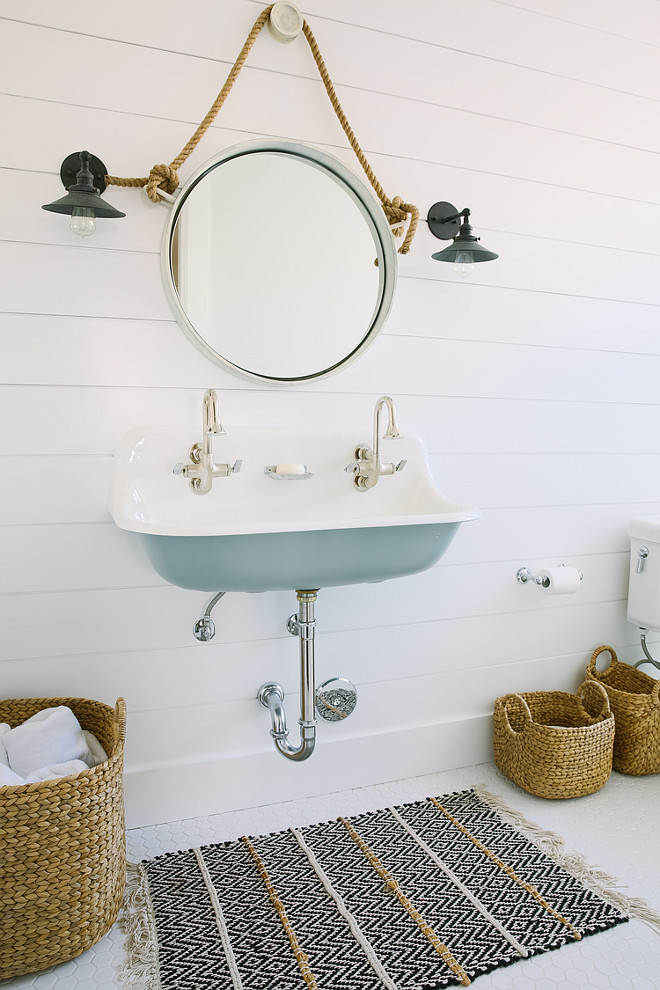 Blue Kohler Brockway Sink. Kids bathroom with Kohler Brockway Sink. Kids bathroom with blue Kohler Brockway Sink and shiplap walls. #KohlerBrockwaySink Rita Chan Interiors.