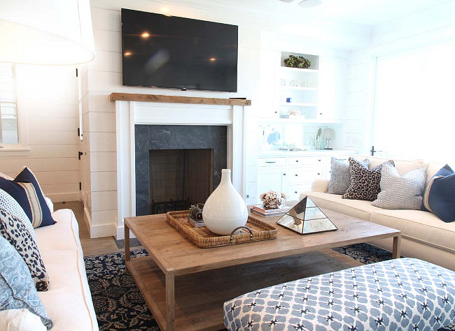 Blue and white pillows. Living room with white sofas and blue and white pillows. Blue and white pillow fabric. Blue and white pillow combination. #Blueandwhite #pillow Graystone Custom Builders.