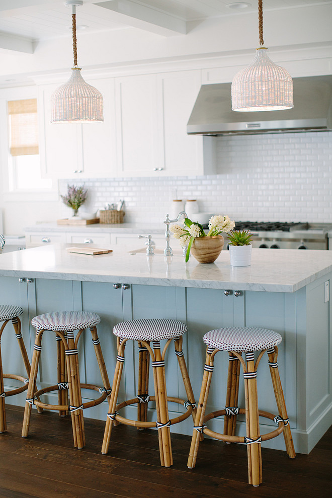 Blue kitchen island with marble countertop. Blue kitchen island paint color. Rita Chan Interiors.