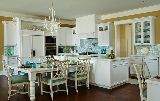 Coastal Kitchen. Coastal Kitchen Layout. Coastal white kitchen with T-shaped island and coastal decor. #Coastal #Kitchen #CoastalKitchen JMA Interior Design.