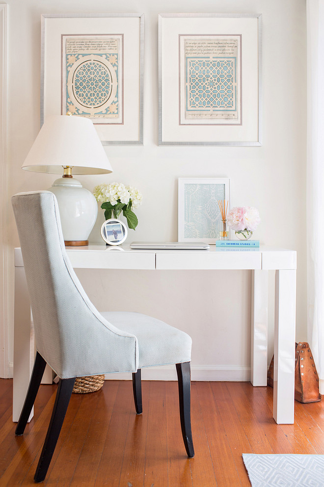 Desk. White desk with blue aqua turquoise decor. Rita Chan Interiors.