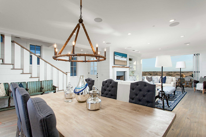 Dining Room. Coastal dining room with white shiplap walls. Blackband Design.