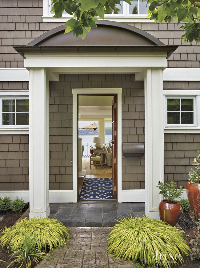 Front Door Front Entry. Front Door Portico. Front Door entry decor ideas. Front entry with Brazilian black slate tile flooring. #Brazilianblackslate #tile #flooring #Frontdoor #portico #entry GR Interiors.