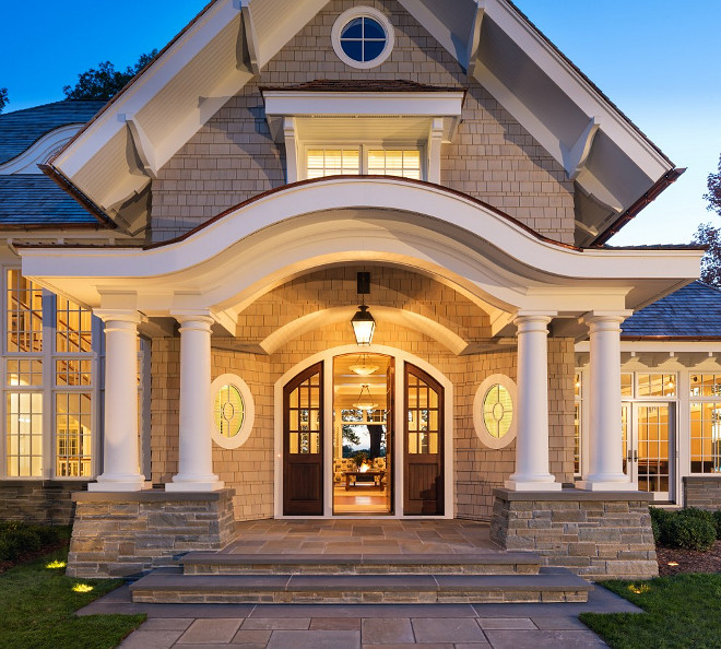 Front Porch Portico Stone. Front Porch Portico Stone Columns. Front Porch Portico Stone Flooring. Front Porch Portico Stone and Shingle Exterior. #FrontPorch #Portico #Stone John Kraemer & Sons.