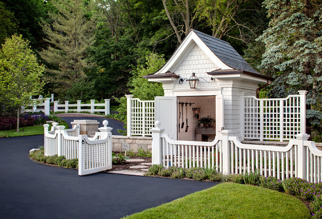 Garden Shed. Garden shed ideas. Shingle style garden shed with picket fence. Garden shed with garden tool organizer. #Garden #Shed Wade Weissmann Architecture. David Bader Photography.