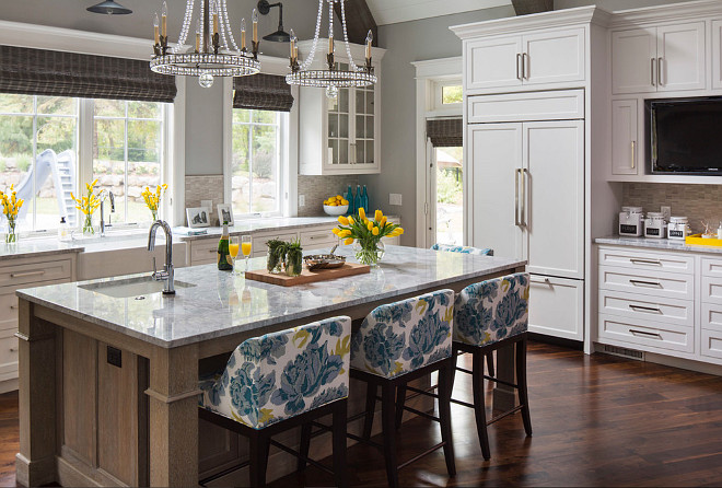 Kitchen Flooring. There are many options for kitchen flooring but hardwood is still the most popular choice for kitchen flooring. The hardwood floors in this kitchen is 6" Wide Walnut Floor with custom stain. #Kitchen #Hardwood #Flooring Martha O'Hara Interiors.