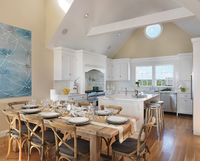 Kitchen Ideas. Coastal Kitchen Ideas. Open Coastal Kitchen with white cabinets and dining area. #OpenKitchen #CoastalKitchen #Kitchen #WhiteKitchen Davitt Design Build, Inc. Nat Rea Photography.