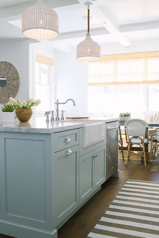 Kitchen Island Lighting. Coastal Kitchen Island Pendant Lighting Ideas. The island pendants are by Palecek. A pair of rope and white wicker pendants, Palecek Taza White Pendants, illuminate a blue kitchen island topped with marble. #Kitchen #Lighting Rita Chan Interiors. Kitchen Striped Runner. Kitchen Island with striped runner. The white wicker pendants above the island are Taza White Pendants by Palecek. Also, make sure to notice the striped kitchen runner. It looks great with the French oak plank floors. Kitchen #runner #StripedRunner Rita Chan Interiors.