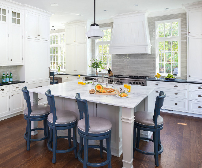 Light Gray Kitchen Island. Kitchen with Light Gray Kitchen Island. Classic white kitchen with Light Gray Kitchen Island. #LightGray #Kitchen #Island John Kraemer & Sons.