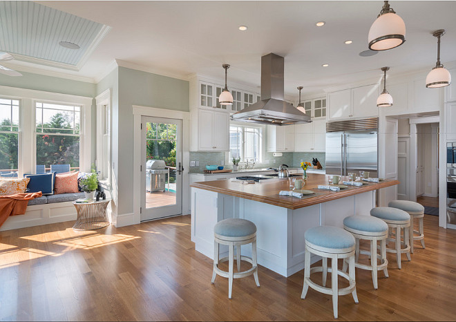 Open Kitchen Layout. Open kitchen with ocean view. Coastal kitchen with open layout. Open coastal kitchen and breakfast room. #Open #Kitchen #Layout #Coastal Davitt Design Build, Inc. Nat Rea Photography.