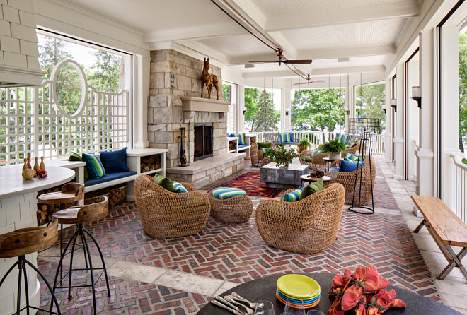 Porch. Back Porch with outdoor kitchen and outdoor living room with fireplace. Back porch layout ideas. #Back #Porch Wade Weissmann Architecture. David Bader Photography.