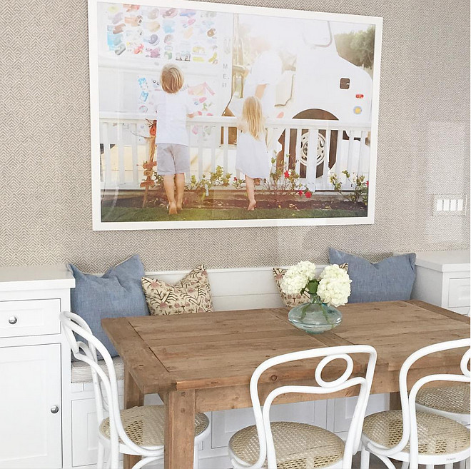 Small Breakfast Nook with Restoration Hardware Table and Serena and Lily Chairs. Herringbone wallpaper. Rita Chan Interiors.