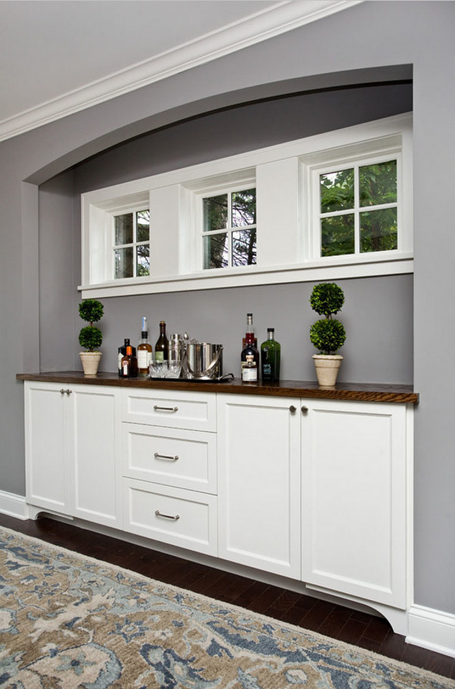 Gray wall with white cabinet. Gray wall with white cabinet paint color ideas. The gray wall paint color is Benjamin Moore Deep Silver and the white cabinet paint color is Benjamin Moore Simply White OC-117. Color of the year. 