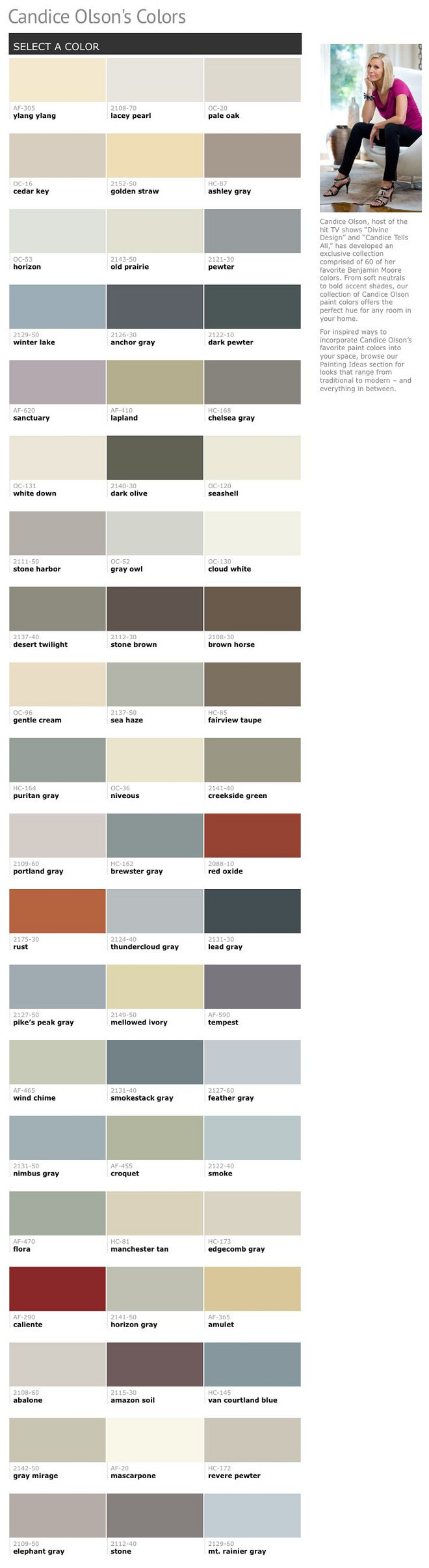 Candice Olson Benjamin Moore Paint Colors: Benjamin Moore Ylang Ylang Af-305. Benjamin Moore Lacey Pearl 2108-70. Benjamin Moore Pale Oak OC-20. Benjamin Moore Cedar Key OC-16. Benjamin Moore Golden Straw 2152-50. Benjamin Moore Ashley Gray HC-87. Benjamin Moore Horizon OC-53. Benjamin Moore Old Praire 2143-50. Benjamin Moore Pewter 2121-30. Benjamin Moore Winter Lake 2129-50. Benjamin Moore Anchor Gray 2126-30. Benjamin Moore Dark Pewter 2122-10. Benjamin Moore Sanctuary AF-620. Benjamin Moore Lapland AF-410. Benjamin Moore Chelsea Gray HC-168. Benjamin Moore White Down OC-131. Benjamin Moore Dark Olive 2140-30. Benjamin Moore Seashell OC-120. Benjamin Moore Stone Harbor 2111-50. Benjamin Moore Gray Owl OC-52. Benjamin Moore Cloud White OC-130. Benjamin Moore Desert Twilight 2137-40. Benjamin Moore Stone Brown 2112-30. Benjamin Moore Brown Horse 2108-30. Benjamin Moore Gentle Cream OC-96. Benjamin Moore Sea Haze 2137-50. Benjamin Moore Fairviw Taupe HC-85. Benjamin Moore Puritan Gray HC-164. Benjamin Moore Niveous OC-36. Benjamin Moore Creekside Green 2141-40. Benjamin Moore Portland Gray 2109-60. Benjamin Moore Brewster Gray HC-162. Benjamin Moore Red Oxide 2088-10. Benjamin Moore Rust 2175-30. Benjamin Moore Thundercloud Gray 2124-40. Benjamin Moore Lead Gray 2131-30. Benjamin Moore Pike's Peak Gray 2127-50. Benjamin Moore Mellowed Ivory 2149-50.Benjamin Moore Tempest AF-590. Benjamin Moore Wind Chime AF-465. Benjamin Moore Smokestack Gray 2131-40. Benjamin Moore Feather Gray 2127-60. Benjamin Moore Nimbus Gray 2131-50. Benjamin Moore Croquet AF-455. Benjamin Moore Smoke 2122-40. Benjamin Moore Flora AF-470. Benjamin Moore Manchester Tan HC-81. Benjamin Moore Edgecomb Gray HC-173. Benjamin Moore Calient AF-290. Benjamin Moore Horizon Gray 2141-50. Benjamin Moore Amulet AF-365. Benjamin Moore Abalone 2108-60. Benjamin Moore Amazon Soil 2115-30. Benjamin Moore Van Courtland Blue HC-145. Benjamin Moore Gray Mirage 2142-50. Benjamin Moore Mascarpone AF-20. Benjamin Moore Revere Pewter HC-172. Benjamin Moore Elephant Gray 2109-50. Benjamin Moore Stone 2112+40. Benjamin Moore Mt. Rainier Gray. Candice Olson Paint Colors. Benjamin Moore Candice Olson Paint Colors. Benjamin Moore Neutral Candice Olson Paint Colors. Benjamin Moore White Candice Olson Paint Colors. Benjamin Moore Blue Candice Olson Paint Colors. Benjamin Moore Grey Candice Olson Paint Colors. Benjamin Moore Green Candice Olson Paint Colors. Benjamin Moore Red Candice Olson Paint Colors. Benjamin Moore Brown Candice Olson Paint Colors. Benjamin Moore Yellow Candice Olson Paint Colors. #BenjaminMoore #CandiceOlson #PaintColors