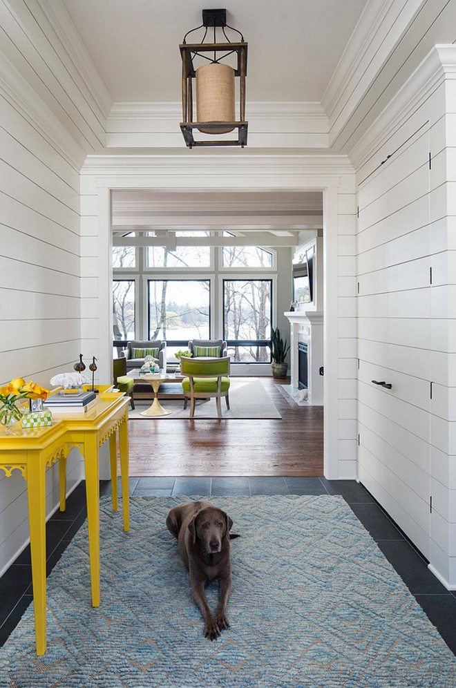 Shiplap Entry Foyer with Shiplap Closet Door. Beautiful Shiplap Entry Foyer with Shiplap Closet Door painted in Benjamin Moore Dune White 968. #BenjaminMooreDuneWhite #Shiplap #Foyer #Entry #Closet #Door #ShiplapClosetDoor Martha O'Hara Interiors.