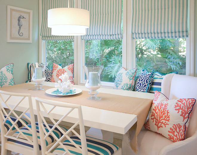 Breakfast Nook. Coastal Breakfast Nook. Coastal Breakfast Nook Decor. Coastal Breakfast Nook Bench Pillows. Coastal Breakfast Nook Colors. Coastal Breakfast Nook Ideas. Coastal Breakfast Nook Design. #Coastal #BreakfastNook AGK Design Studio.