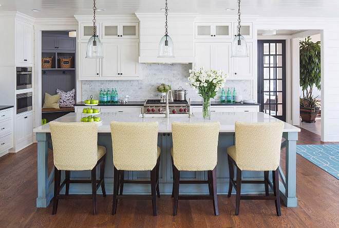 White kitchen Blue island. White kitchen cabinet and blue kitchen island. The white kitchen cabinet paint color is White Dune Benjamin Moore and the blue island paint color is Province Blue Benjamin Moore. #BenjaminMooreWhiteDune #BenjaminMooreProvinceBlue #BenjaminMoorePaintColors