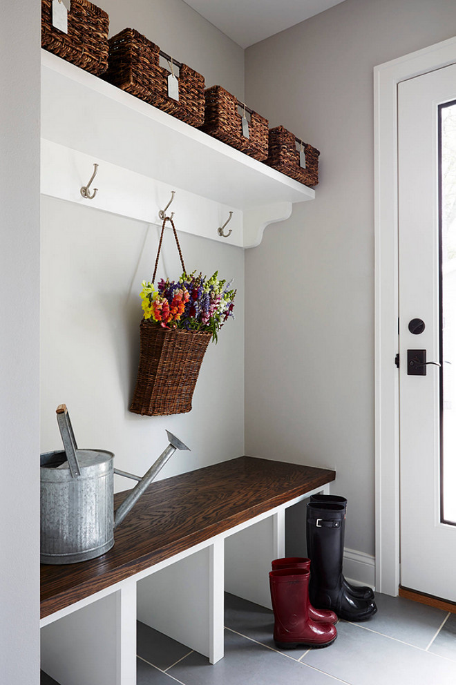 Mud room paint color. Gray mud room paint color. Gray mudroom paint color is Benjamin Moore HC-170 Stonington Gray. The cabinets are also Ben Moore, in Simply White OC-117. #mudroom #Gray #paintColor #BenjaminMooreHC170StoningtonGray #BenjaminMooreSimplywhite 