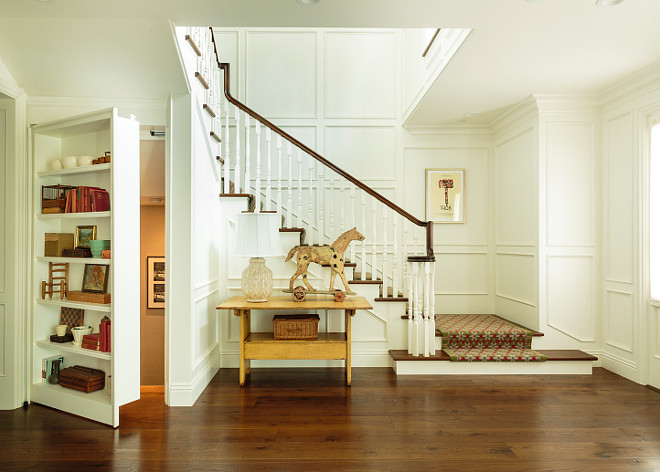 Basement Secret Passage. Foyer with bookcase with secret passage to basement. The bookcase has a magnetic closure that completely hides the stair access. #SecretPassage #Bookcase #Basement