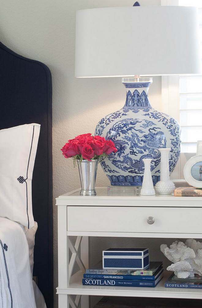 Blue and white Bedroom Nighstand Decor. #Blueandwhite #Bedroom #nightstandDecor AGK Design Studio.