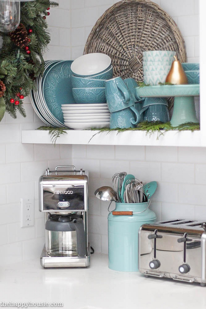 Christmas Kitchen Open Shelves Decor Ideas. Christmas Kitchen Decor. #Christmas #Kitchen #ChristmasKitchenDecor The Happy Housie.