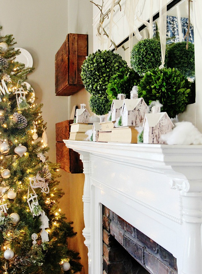 Christmas Mantel. Boxwood Christmas Mantel Decor. Boxwood Christmas Mantel Ideas. Boxwood Christmas Mantel Decorating Ideas. #Boxwood #Christmas #Mantel Thistlewood Farms.