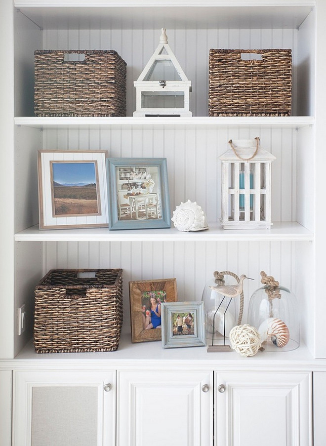 Coastal Decor Cabinet Ideas. Cabinet with coastal decor. Built in cabinet with coastal decor. #Cabinet #CoastalDecor #Shelves AGK Design Studio.