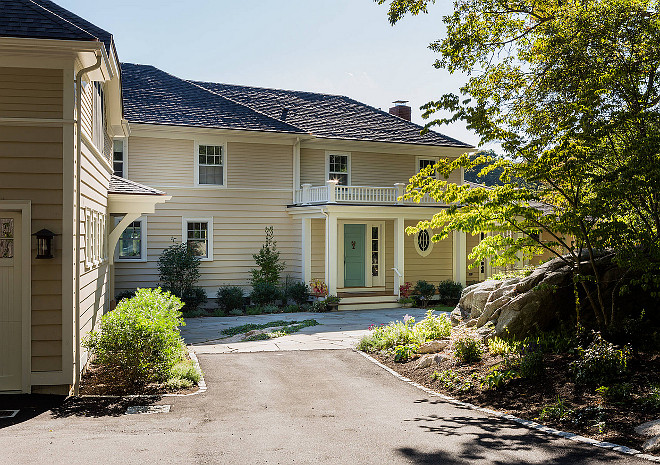 Exterior Paint Color Scheme. Neutral Exterior Paint Color Scheme. Beach House Exterior Paint Color Scheme. The exterior colors are: Wall, Benjamin Moore Shaker Beige; Trim, Benjamin Moore Soft Chamois; Door, Farrow & Ball Dix Blue.