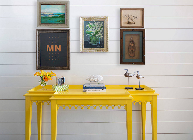 Foyer Decorating Ideas. Foyer with white shiplap walls, Oomph Newport Tiered Console in Gambol Gold, mixed framed art. #Foyer #Shiplap #Wall #Oomph #NewportTieredConsole #GambolGold Martha O'Hara Interiors.