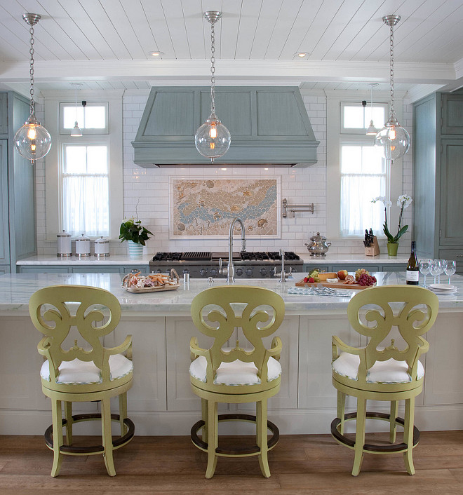 Kitchen Island with Three Pendants. Kitchen Pendants are by Remains - Sorenson Pendant. The bar stools are Carmel Swivel in Key Lime by Somerset Bay. #KitchenPendants #Remains #SorensonPendant #Lighting Kim Grant Design Inc.