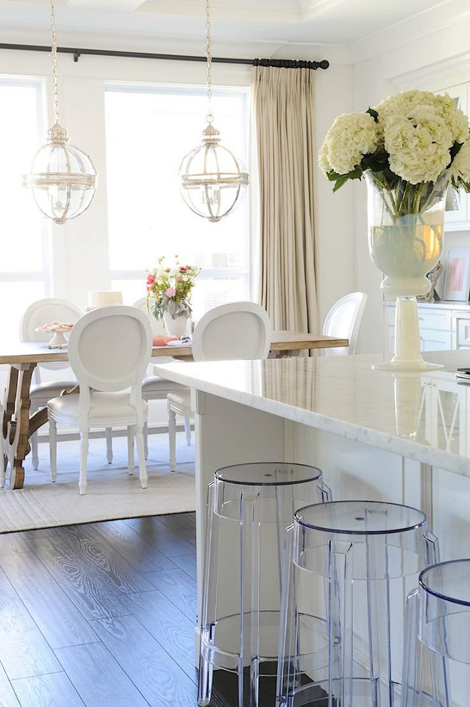 Kitchen opens to dining area with Restoration Hardware Victorian pendants. #Kitchen #DiningArea #Victorianpendants Monika Hibbs.