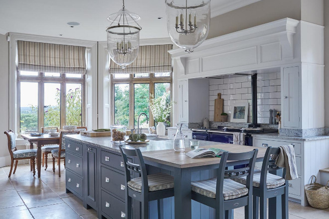 Kitchen with Blue Gray Island. Kitchen with Blue Gray Island Paint Color. Blue Gray Kitchen Island #BlueGray #KitchenIsland Sims Hilditch.